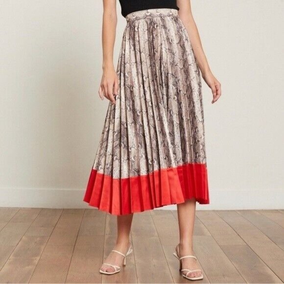 Lucy Paris Womens XS Python Accordion Pleated Midi Skirt Red‎ Color-block Trim - Picture 1 of 10